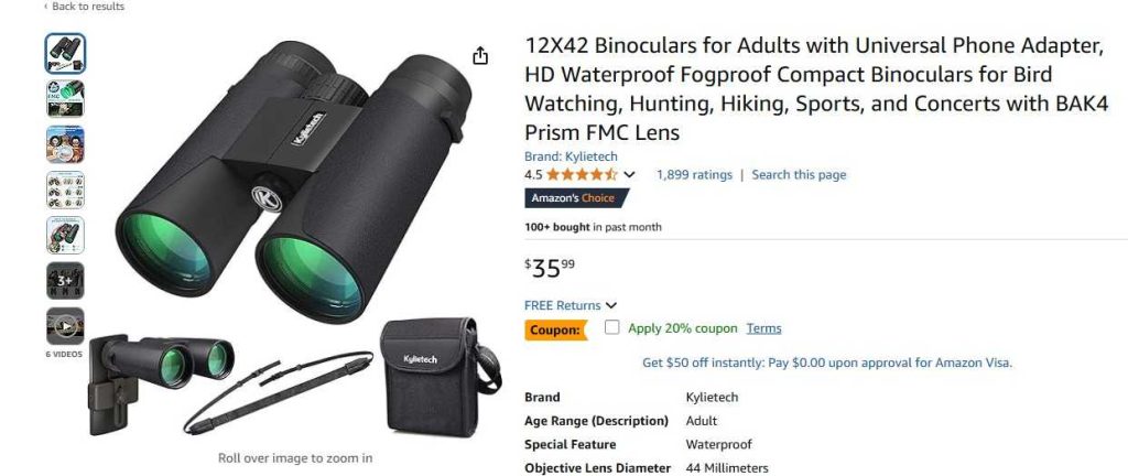 12 42 binoculars on Amazon